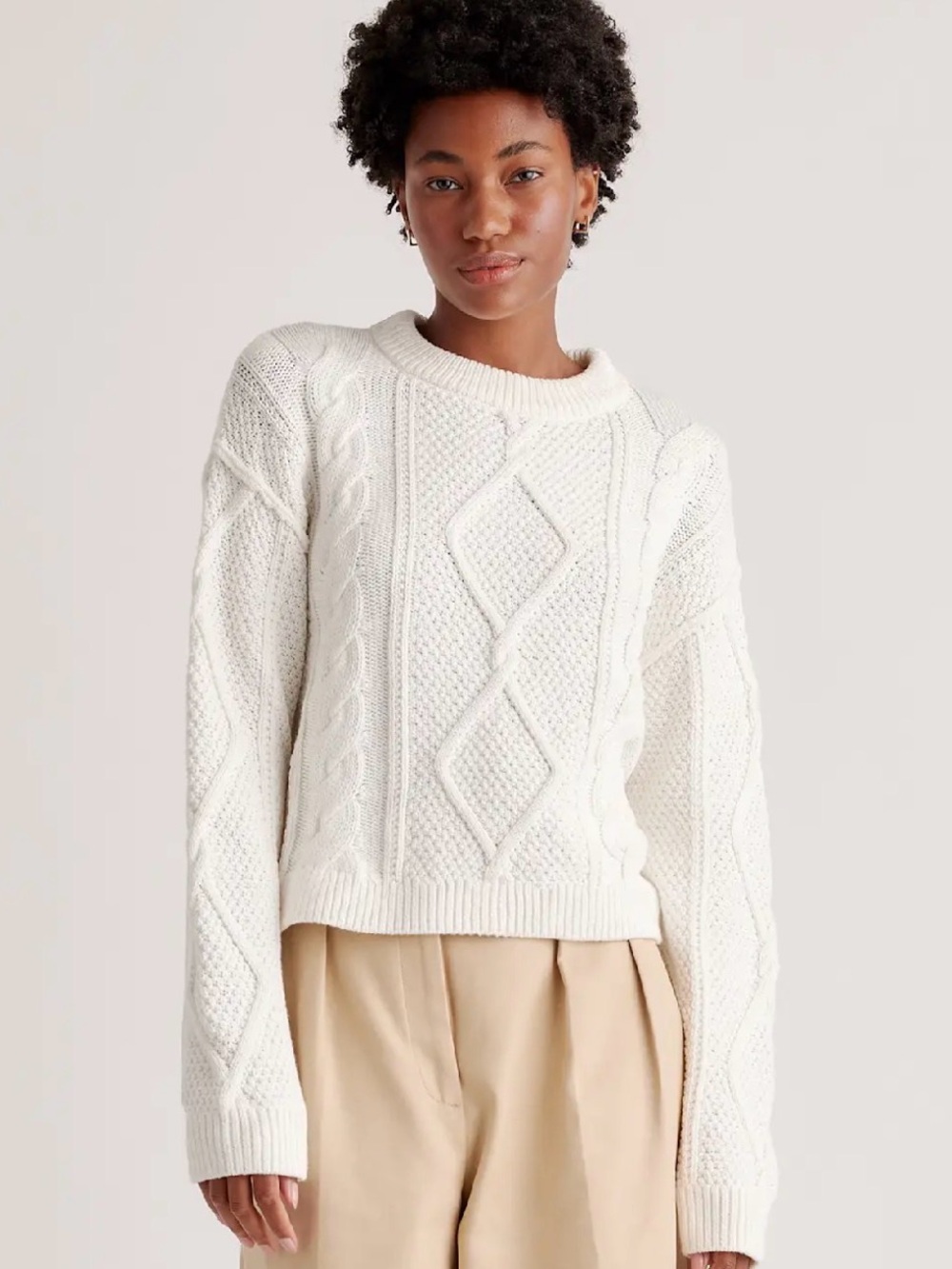 Quince Classic Cable Crop Crewneck Sweater - Off White Boxy Oversized XS NWOT